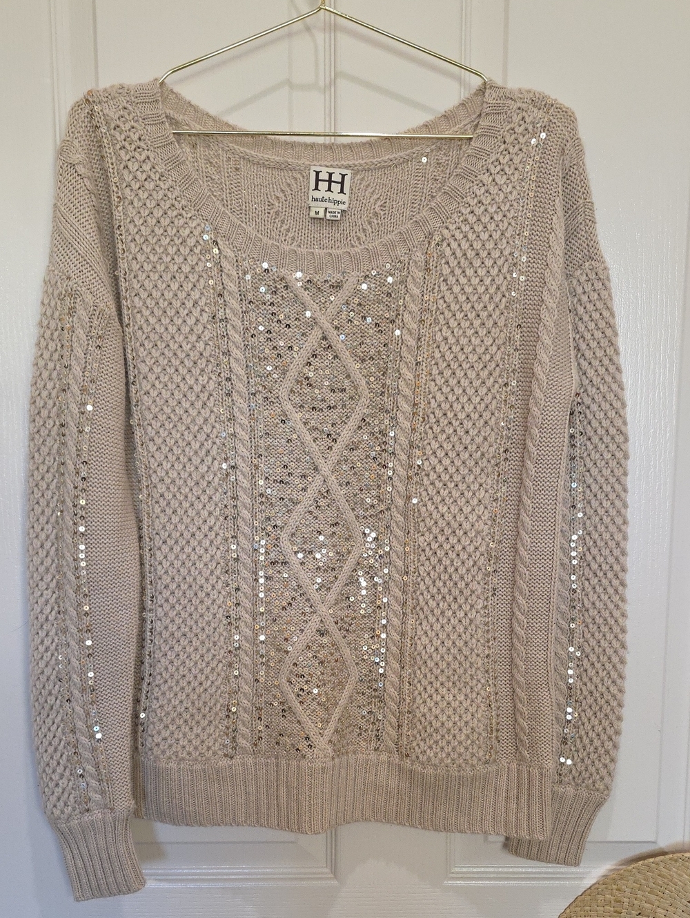 Haute Hippie Taupe Sequin Cable Knit Scoop Neck Sweater Wool Alpaca Med Fitted